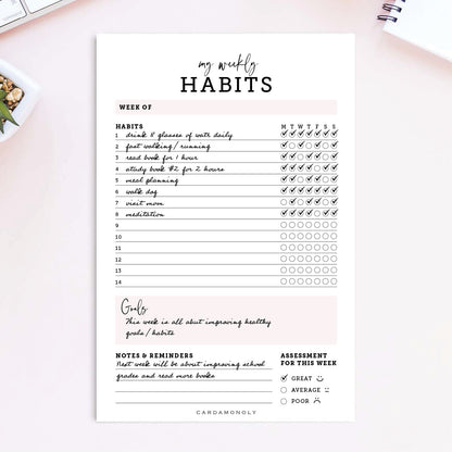 pink habit tracker notepapad 6 x 9 on pink work desk